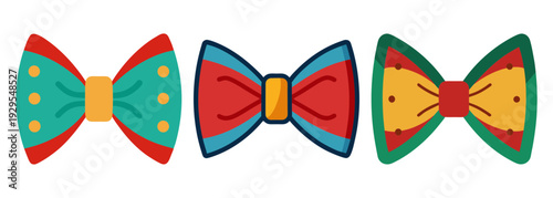Three festive bow ties with colorful patterns isolated on white