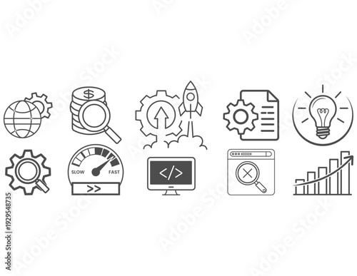  icons of various technology, development, and business concepts