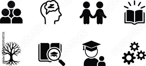 Collection of Education and Social Icons Representing Learning and Relationships knowledge people