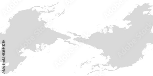 Minimalist Grey Pacific Centered World Map Silhouette on White Background. soft grey textures, subtle distressed brush strokes, and a grainy weathered paper