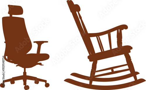 Office chair and wooden rocking chair silhouettes