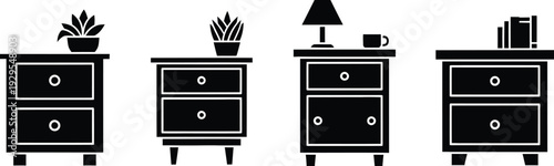 Four black and white dressers with various decorative items on top