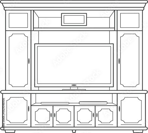 Classic home entertainment center line drawing featuring large television screen mounted within wooden wall unit