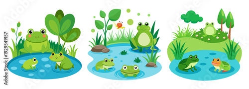 Cute frogs by pond scene lively green nature amphibians water life