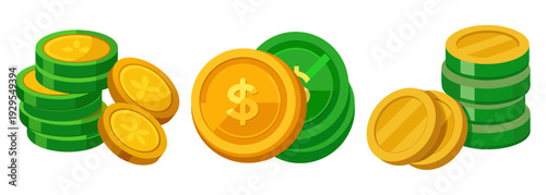 Gold and green coins stacked shiny money wealth finance concept