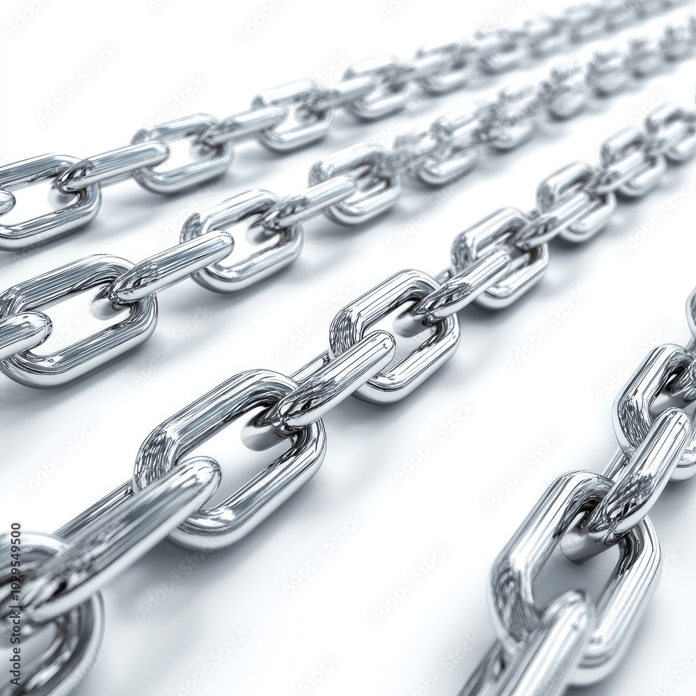 Fototapeta premium Close-up of multiple silver chains diagonally across a white surface, with a shallow depth of field