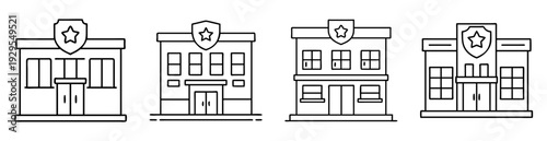 Outlined police station buildings with star badges and window variations