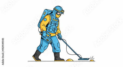 A cartoon worker in blue and yellow uniform using a floor cleaning machine on a white background with a simple composition.
