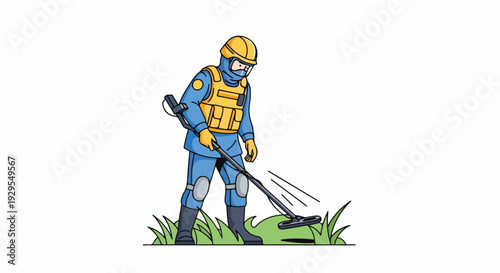 A cartoon illustration of a worker in a yellow helmet and blue uniform using a lawn mower on green grass with motion lines, against a plain white background.