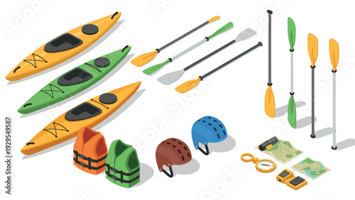 set of colorful kayaks paddles life jackets helmets and navigation equipment in isometric style for outdoor water sports and adventure