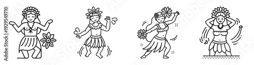 Four hula dancers in various poses, cartoon style, black and white