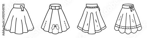 Four cute skirt illustrations with ruffles, ribbons, and decorative hems
