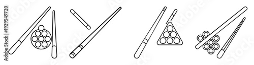 A collection of outlined pool and billiard game equipment ready for coloring