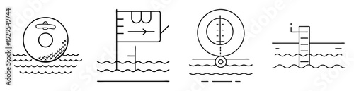 Simple black line illustration of various nautical measurement and safety equipment