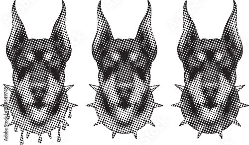 Dog head with halftone effect and spiked collar, dangerous animal illustration, vintage comic