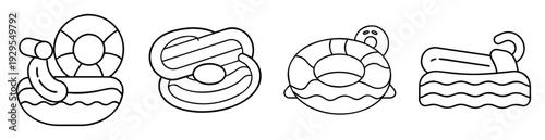Four different stylized swimming pool float designs in black and white line art