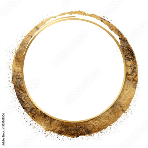 Abstract golden textured ring with scattered particles on white