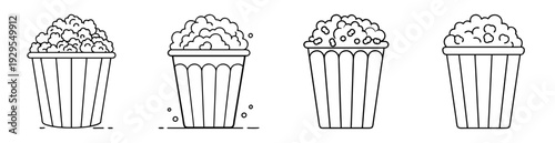 Four variations of popcorn buckets in outlined minimalist vector style