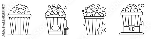 Line art illustration showcasing different containers and a popcorn machine filled with popcorn