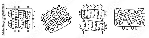 Collection of BBQ ribs on wooden holders in outlines for cooking illustration