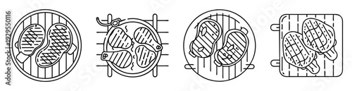 Grilling concept illustration with steaks on barbecue grill in black and white