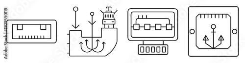 Line art illustration depicting various nautical and technical themed schematic diagrams