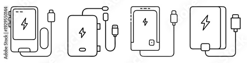 Illustration of electrical devices like chargers and mobile phones in outline