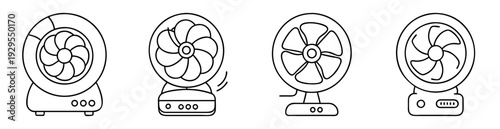 Four vintage styled electric fans, depicted in outline, classic appliance set