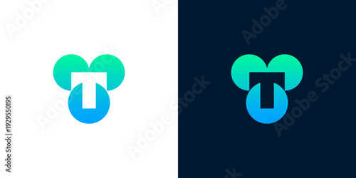 Modern and innovative letter T logo design, featuring a fluid gradient of green and blue within a stylized, interconnected circular or heart-shaped motif, ideal for forward-thinking branding