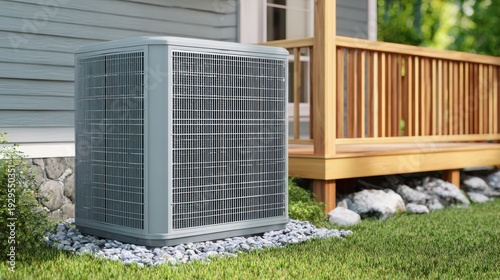 The Air Conditioning Unit Beside a Modern House Deck in a Sunny Suburban Yard
