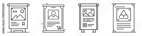 Line art illustration of four advertising stands with different designs displayed