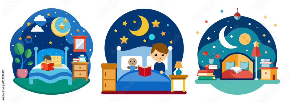 Obraz premium Three cozy indoor scenes with celestial night sky backdrops