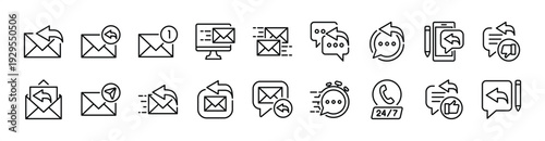 Response and reply icon set. Contains Electronic mail, inbox, send, fast, 24 hours call center, write, read, good and bad for contact support and service - vector illustration