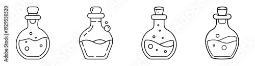 Collection of whimsical potion bottles with liquid and cork stoppers outline art