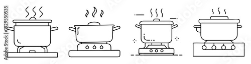 Collection of black and white line art drawings depicting cookware on stovetops