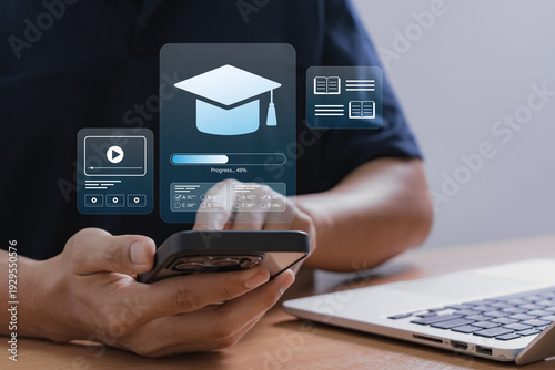 mobile online learning and progress tracking system. man using smartphone with online learning application interface, mobile education platform with video lesson and quiz module.