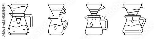 Line art drawing of four different types of pour over coffee makers
