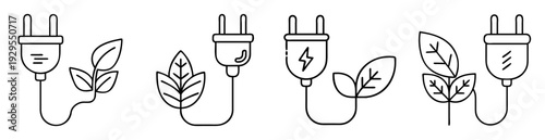 Line art illustration of electric plug with leaves representing green energy