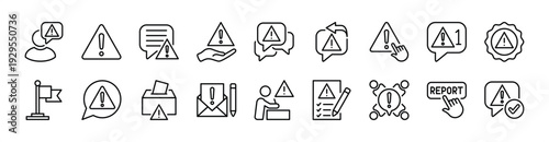 Report issue thin line icon set. Alert, warning, caution, exclamation mark triangle, notice, attention. Contains communication, suggestion box, button, message reply, conversation. Vector illustration