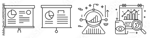 Line art illustration showing business strategy, analysis, research and presentation visuals