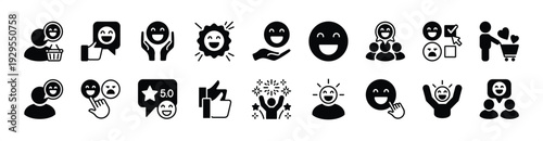 Customer feedback, satisfaction and experience icon vector set. Contains happy faces, smile, thumbs up, 5 stars rating review, celebrate, quality badge, survey, opinion, testimonial for life events