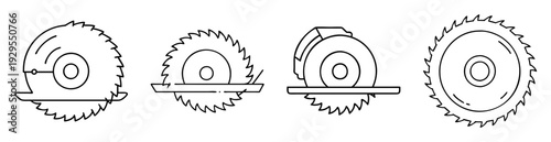 Different types of circular saw blades with outlines, woodworking tools icon