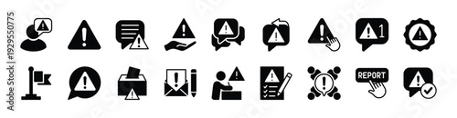 Report issue icon vector set. Alert, warning, caution, exclamation mark triangle, notice, attention. Contains communication, suggestion box, button, message reply, conversation - illustration