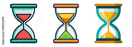 Three colorful hourglasses measuring time passage on white