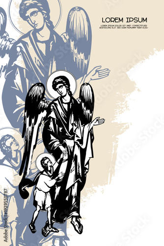 Wallpaper Mural Religious vintage poster template with Guardian angel with a kid. Christian illustration in Byzantine style Torontodigital.ca