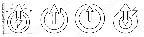 Line drawing icons of power buttons with energy and direction up and down