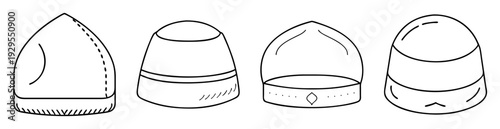 Four variations of stylized outline drawings of caps or hats in black