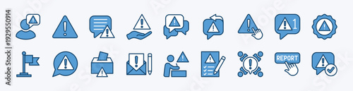 Set of report issue icon. Alert, warning, caution, exclamation mark triangle, notice, attention. Contains communication, suggestion box, button, message reply, conversation - vector illustration