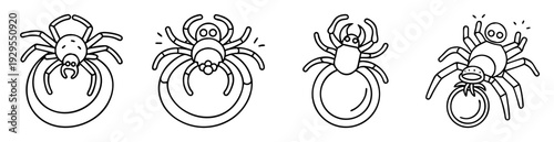 Four cute cartoon spiders swinging or balancing on a ring, black outline