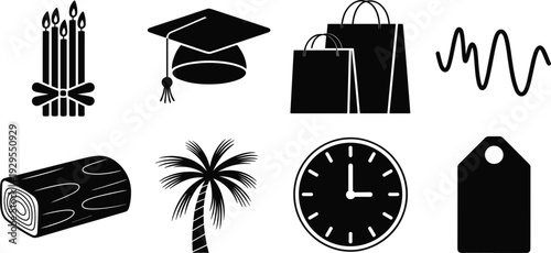 Collection of eight black and white icons including candles graduation cap shopping bags and clock Keywords: candles, graduation